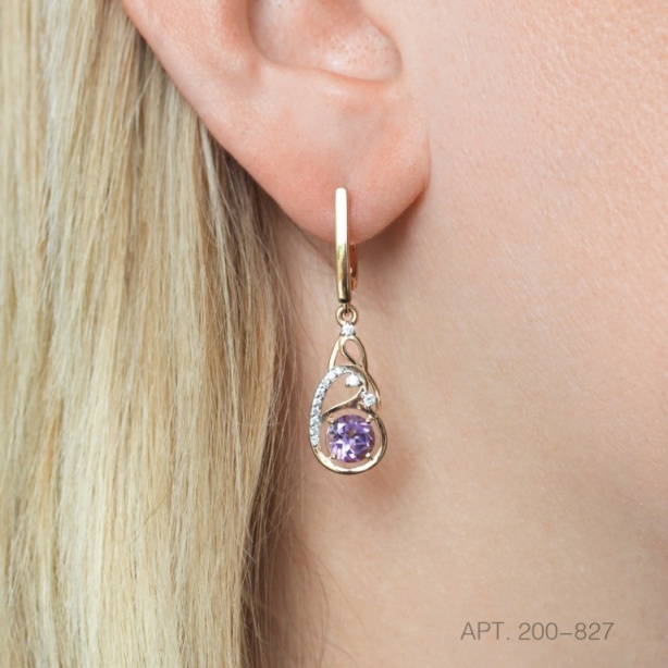 Серьги с английским замком женские из красного золота 585 пробы 200-827  Сиреневый