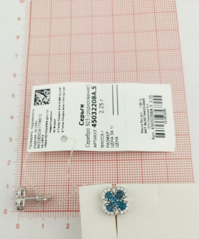 Серьги пусеты гвоздики из родированого серебра 925 пробы 45032208А с топазами и фианитами