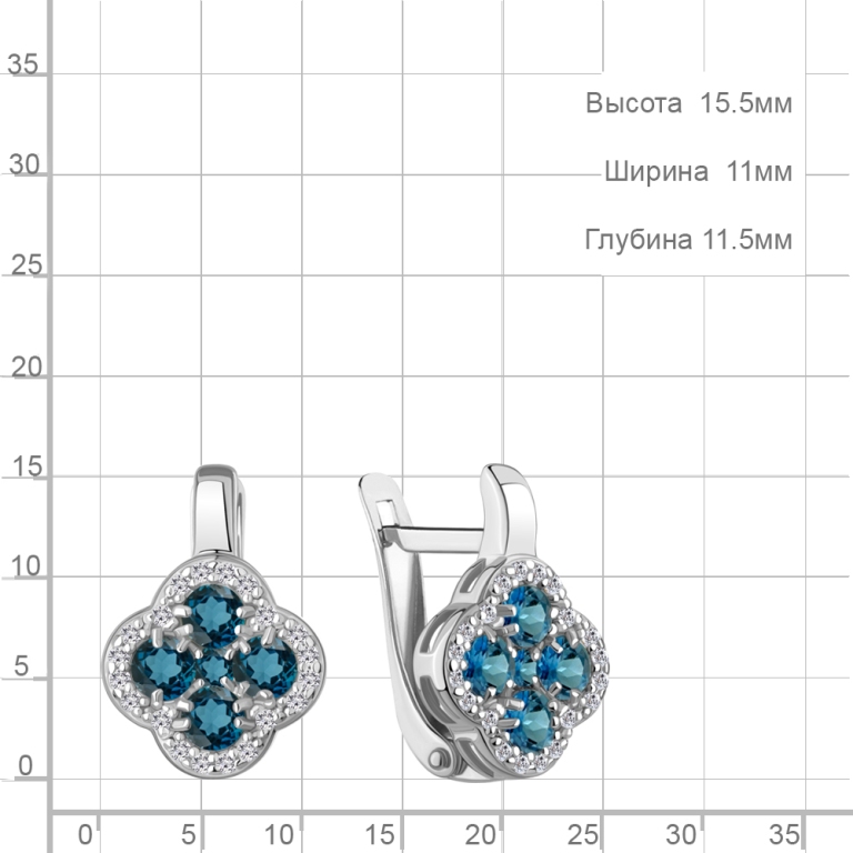 Серьги с английским замком женские из родированного серебра 925 пробы 45029308А с топазами и фианитами
