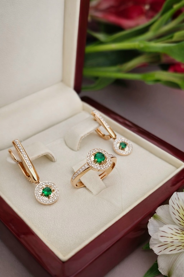 Серьги с английским замком женские из красного золота 585 пробы 27019-101 с изумрудами и бриллиантами