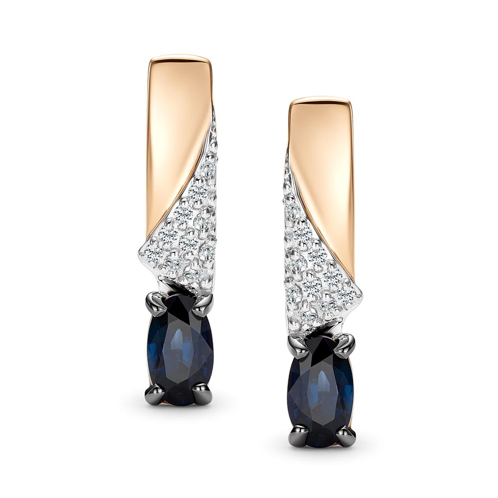 Серьги с английским замком женские из красного золота 585 пробы 27285-102 с сапфирами и бриллиантами