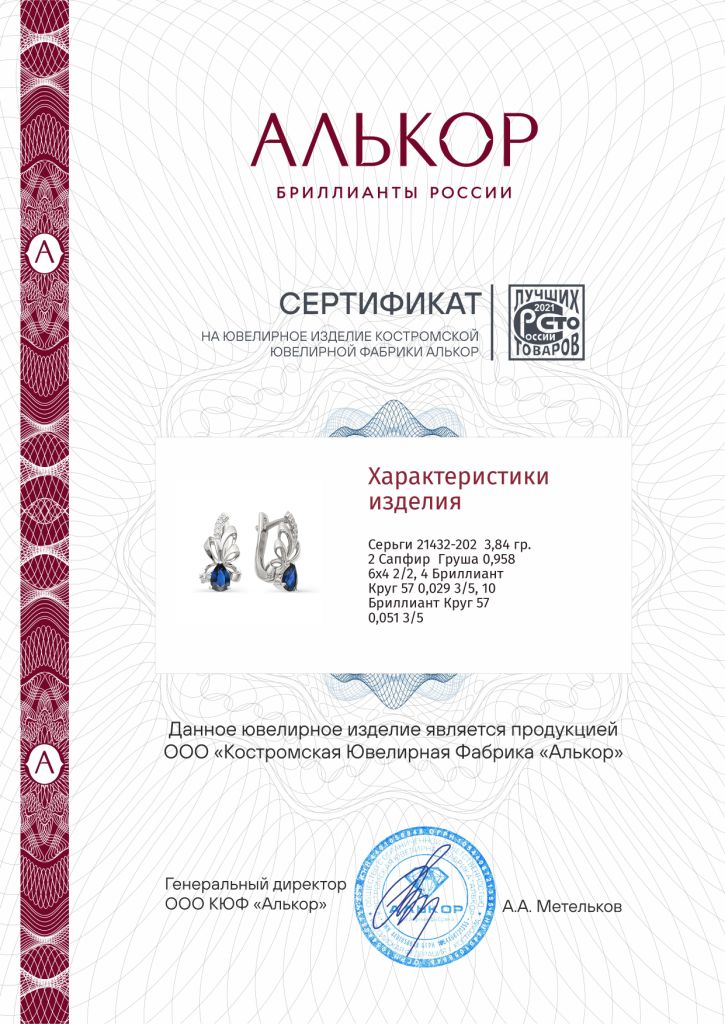 Серьги с английским замком женские из белого золота 585 пробы 21432-202 с бриллиантами и сапфирами