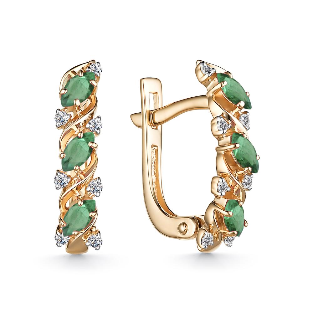 Серьги с английским замком женские из красного золота 585 пробы 25263-101 с изумрудами и бриллиантами