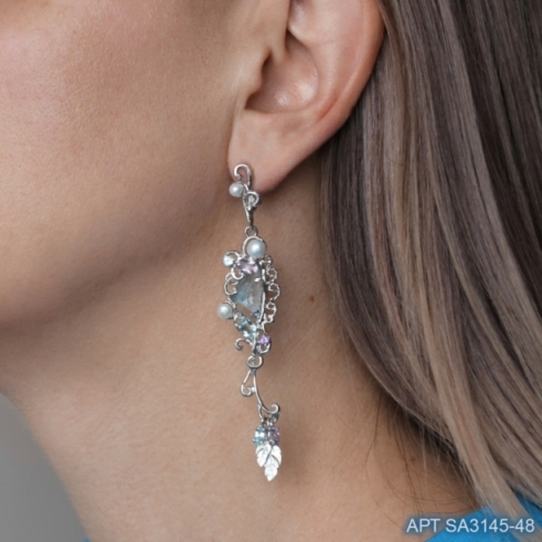 Серьги с английским замком женские из родированого серебра 925 пробы SD1853-48 с аметистами и жемчугом и бриллиантом и аметистами
