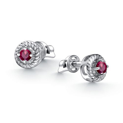 Серьги пусеты гвоздики из родированого серебра 925 пробы 02-4399/000Р-00 с рубинами
