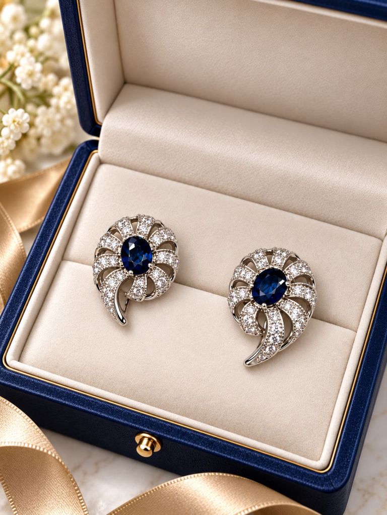 Серьги с английским замком женские из белого золота 585 пробы 2644-202 с сапфирами и бриллиантами