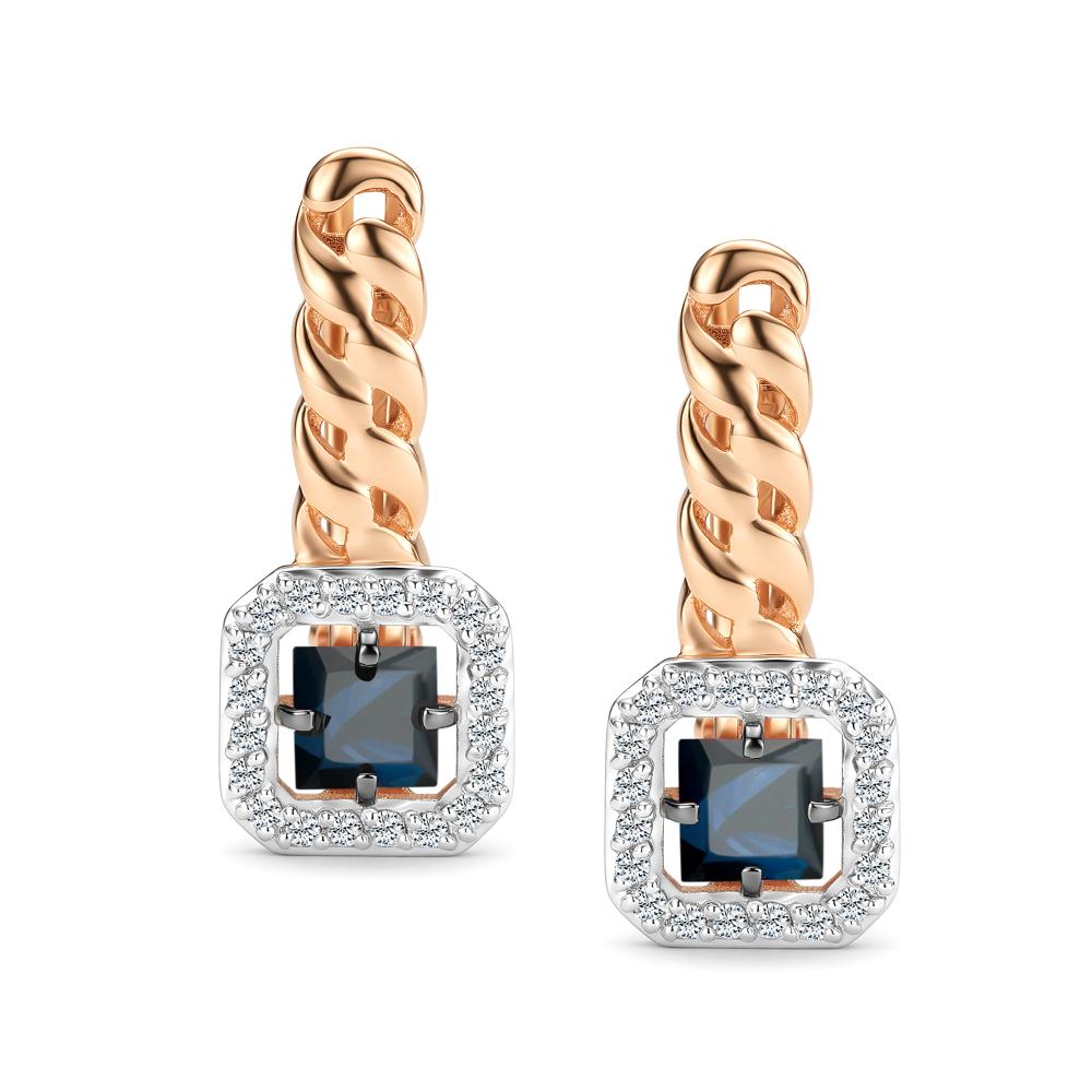 Серьги с английским замком женские из красного золота 585 пробы 27289-102 с сапфирами и бриллиантами
