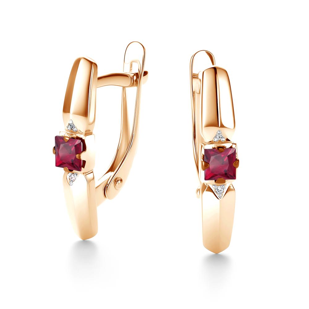 Серьги с английским замком женские из красного золота 585 пробы 26695-103 с рубинами и бриллиантами