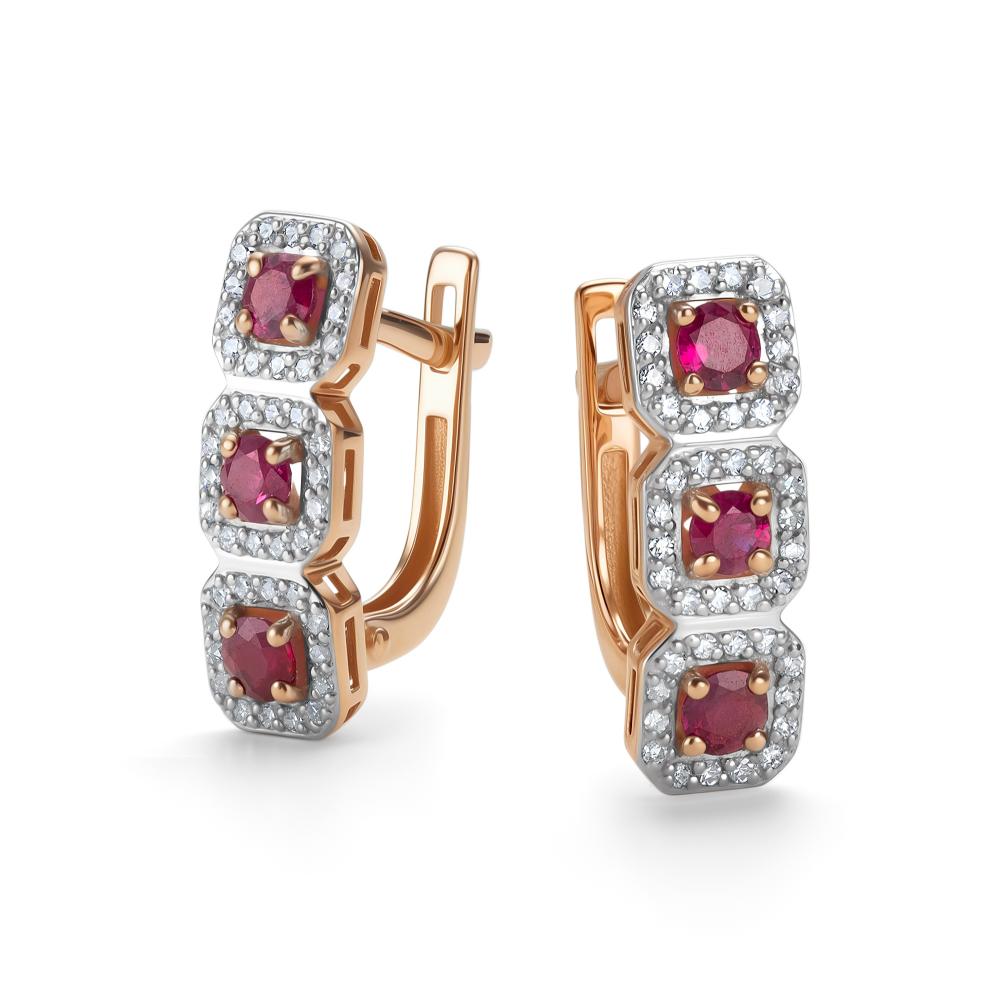 Серьги с английским замком женские из красного золота 585 пробы 26452-103 с рубинами и бриллиантами
