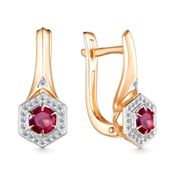 Серьги с английским замком женские из красного золота 585 пробы 25632-103 с рубинами и бриллиантами