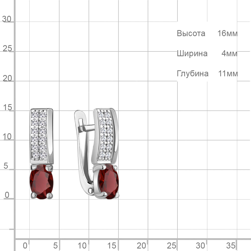 Серьги женские из родированного серебра 925 пробы 4797503А с гранатами и фианитами