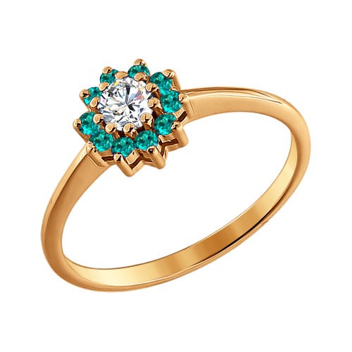 Кольцо из красного золота 585 пробы 3010178 с бриллиантом и изумрудами