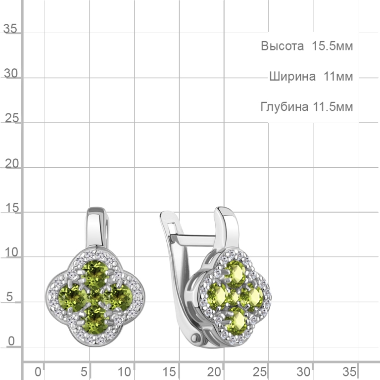 Серьги с английским замком женские из родированного серебра 925 пробы 45029307А с хризолитами и фианитами