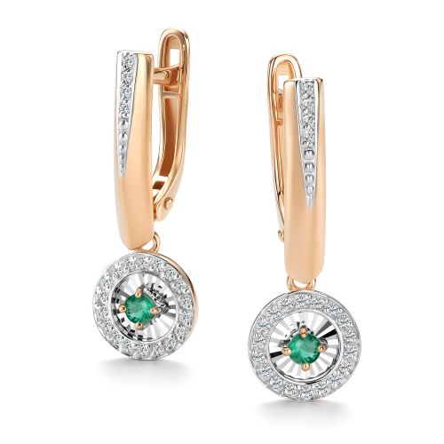 Серьги с английским замком женские из красного золота 585 пробы 27019-101 с изумрудами и бриллиантами