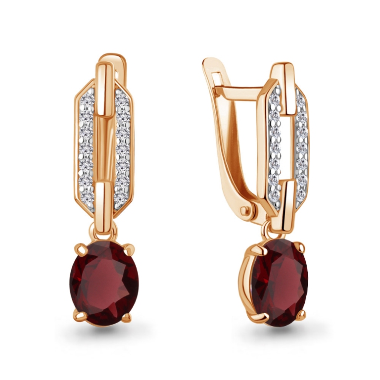 Серьги с английским замком женские из красного золота 585 пробы 45017003А с гранатами и фианитами