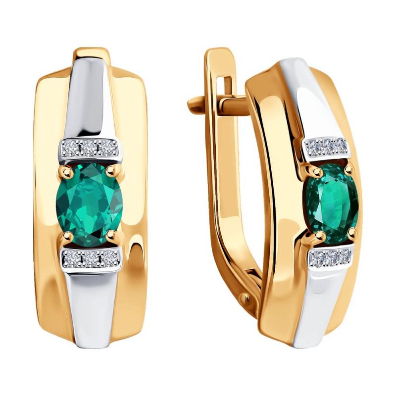 Серьги с английским замком женские из золота 585 пробы 3020420 с бриллиантами и изумрудами