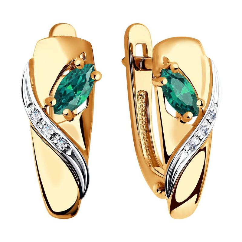 Серьги с английским замком женские из золота 585 пробы 3020428 с бриллиантами и изумрудами