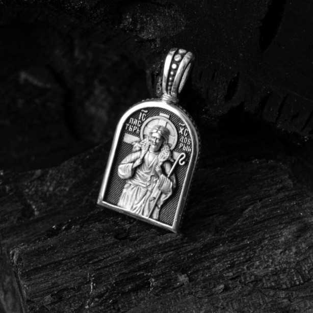 Икона Добрый пастырь из родированого серебра 925 пробы НП22-3054-3