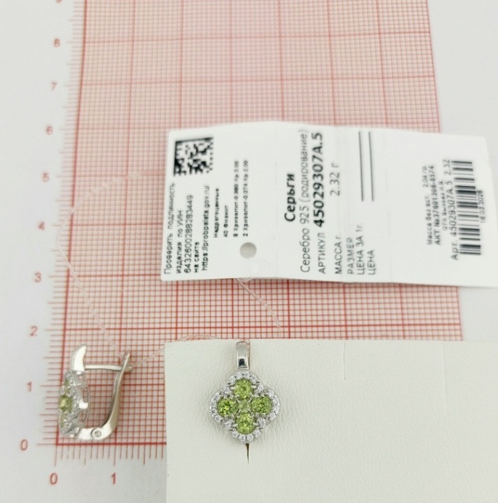 Серьги с английским замком женские из родированого серебра 925 пробы 45029307А с хризолитами и фианитами
