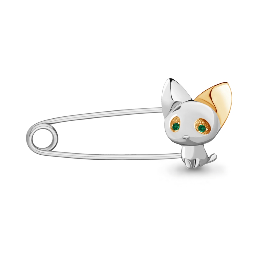 Булавка из родированого серебра 925 пробы 72686Г с изумрудами