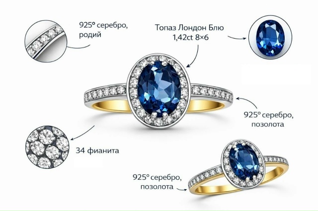 Кольцо из серебра 925 пробы 6523208А и фианитами  Золочение