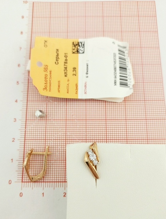 Серьги с английским замком женские из красного золота 585 пробы кл3478а-01 с фианитами