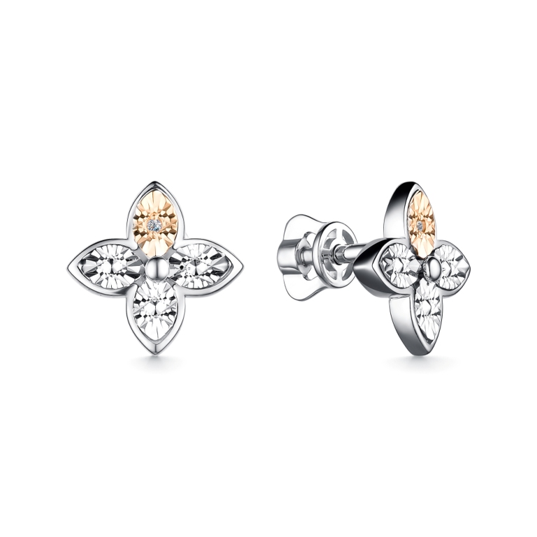 Пусеты из родированого серебра 925 пробы 02-3714/000Б-00 с бриллиантами