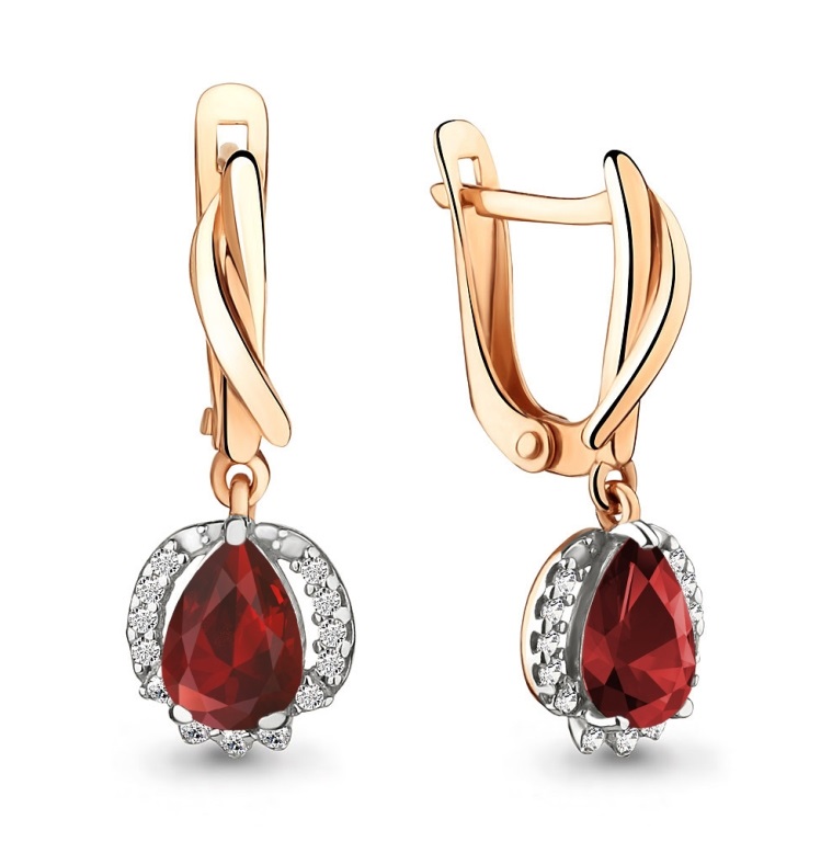 Серьги с английским замком женские из красного золота 585 пробы 4496903А с гранатами и фианитами