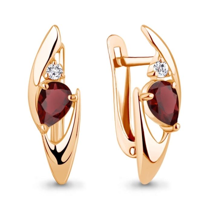 Серьги с английским замком женские из красного золота 585 пробы 45043003 с гранатами и фианитами