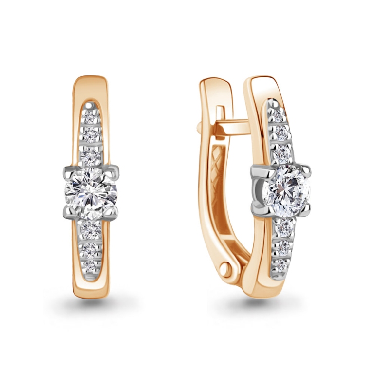 Серьги с английским замком женские из красного золота 585 пробы 400398 с фианитами