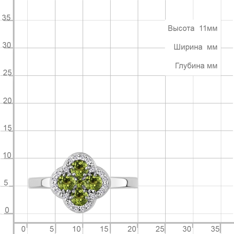 Кольцо из родированного серебра 925 пробы 65032807А с хризолитами и фианитами