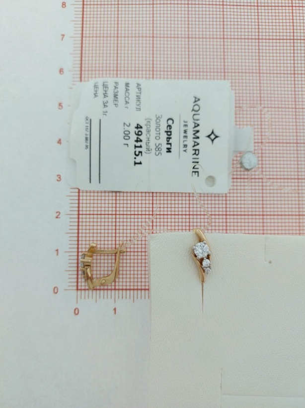 Серьги с английским замком женские из красного золота 585 пробы 49415 с фианитом
