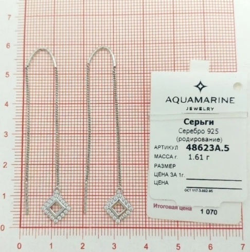 Серьги с английским замком женские из родированого серебра 925 пробы 48623А с фианитом