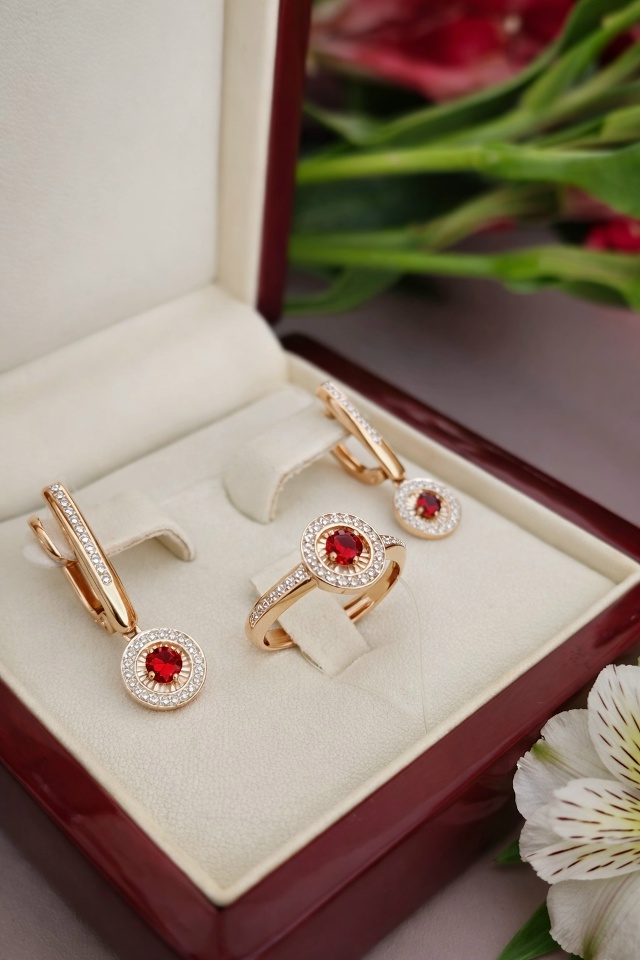 Серьги с английским замком женские из красного золота 585 пробы 27019-103 с рубинами и бриллиантами