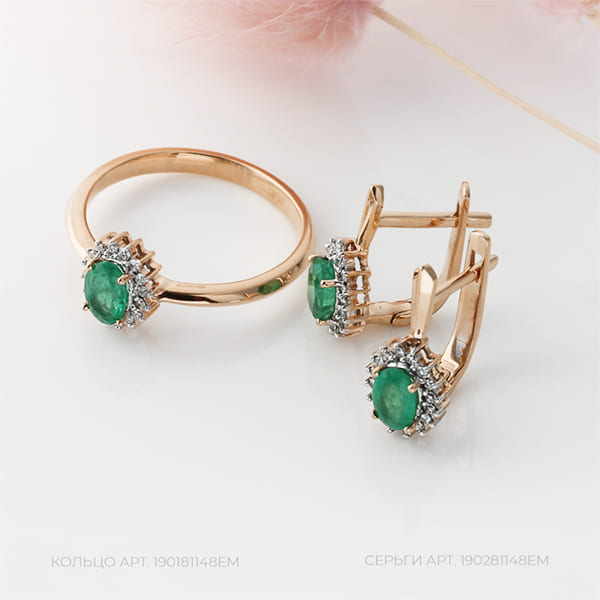 Серьги с английским замком женские из красного золота 585 пробы 190281148ЕМ с бриллиантами и изумрудами