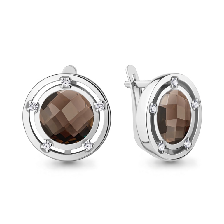 Серьги женские из родированого серебра 925 пробы 4771601А с кварц дымчатыйами и фианитами