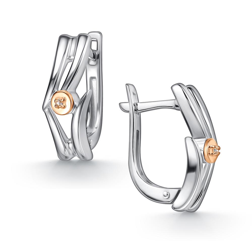 Серьги с английским замком женские из родированого серебра 925 пробы 02-5044/000Б-00 и бриллиантами