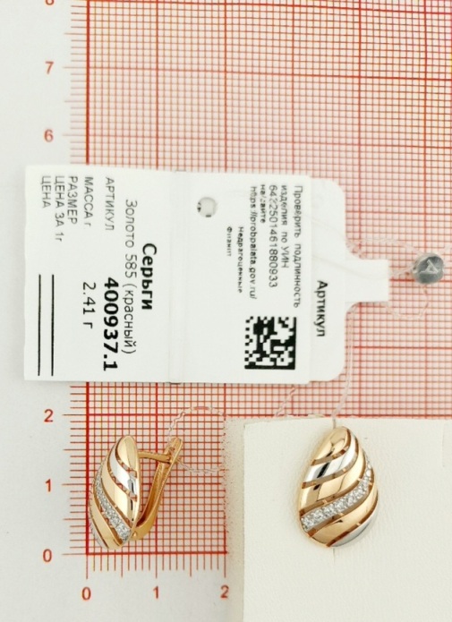Серьги с английским замком женские из красного золота 585 пробы 400937 с фианитами