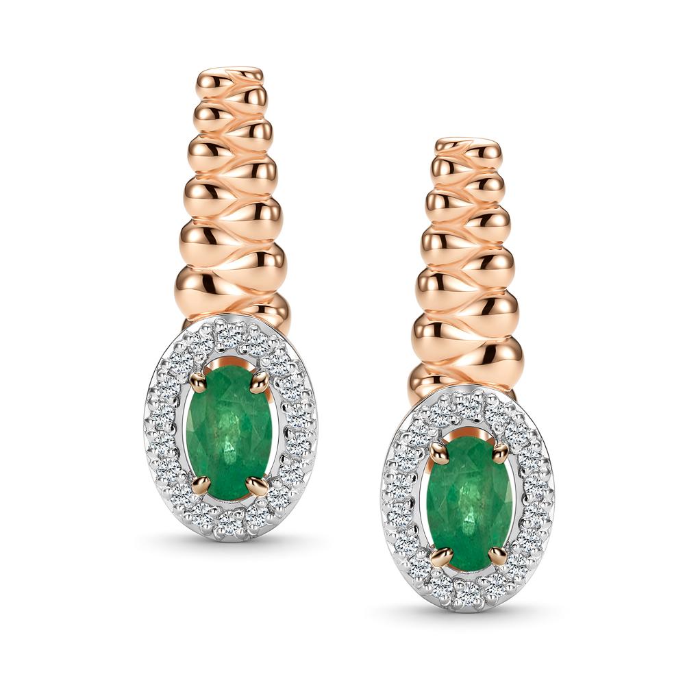 Серьги с английским замком женские из красного золота 585 пробы 27287-101 с изумрудами и бриллиантами