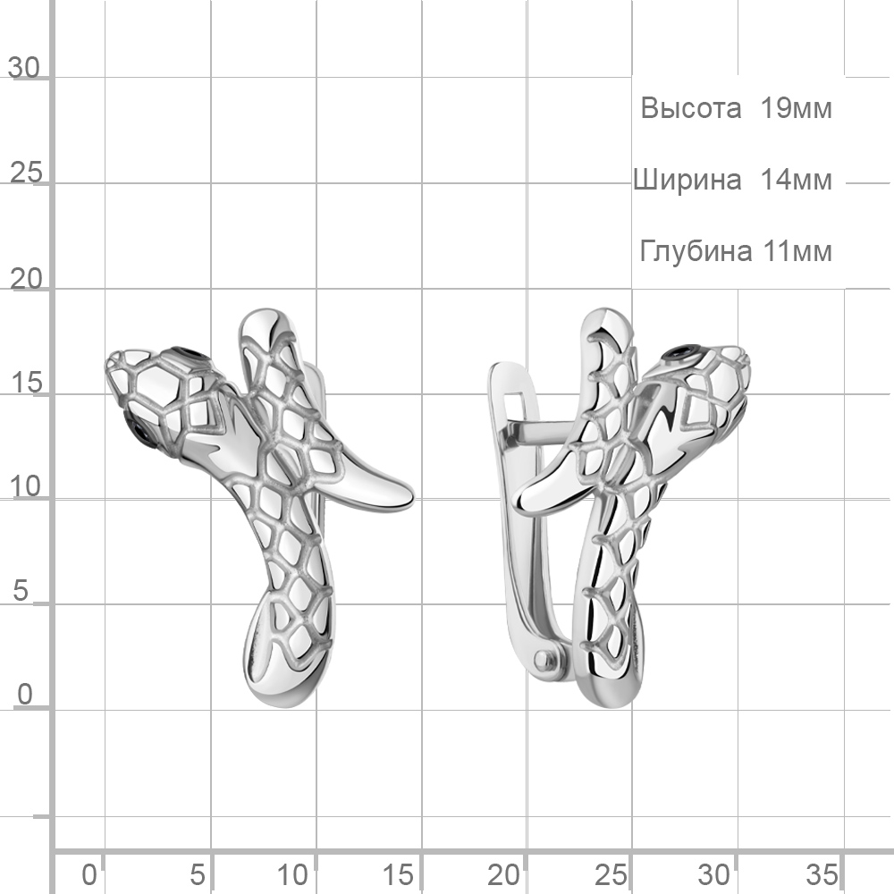 Серьги с английским замком женские из родированого серебра 925 пробы 400556Ч Змея