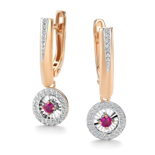 Серьги с английским замком женские из красного золота 585 пробы 27019-103 с рубинами и бриллиантами