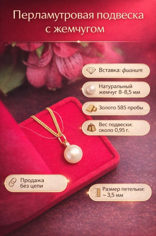 Подвеска из красного золота 585 пробы п433-10-01 с жемчугом и фианитом