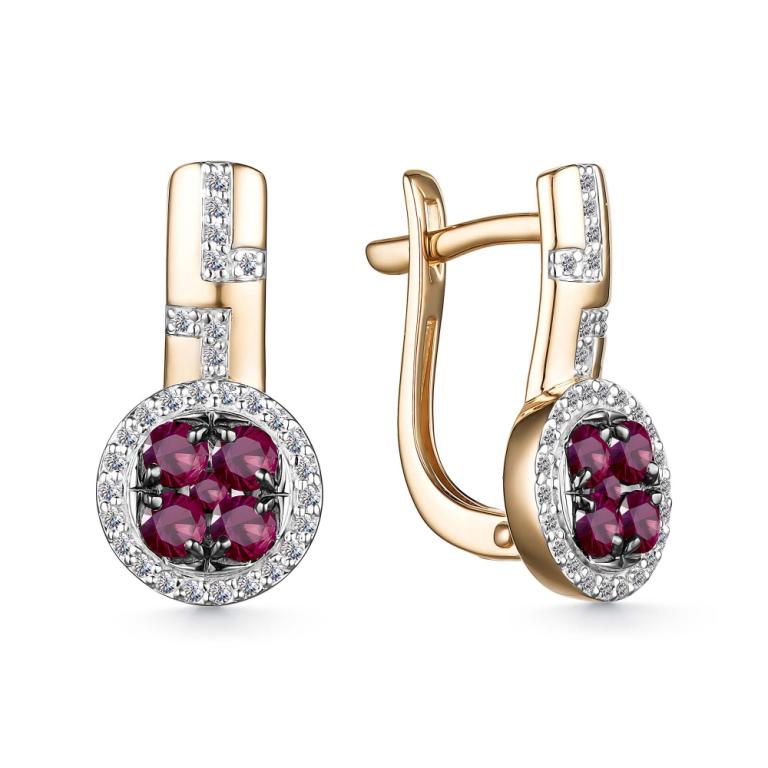 Серьги с английским замком женские из красного золота 585 пробы 25807-103 с рубинами и бриллиантами