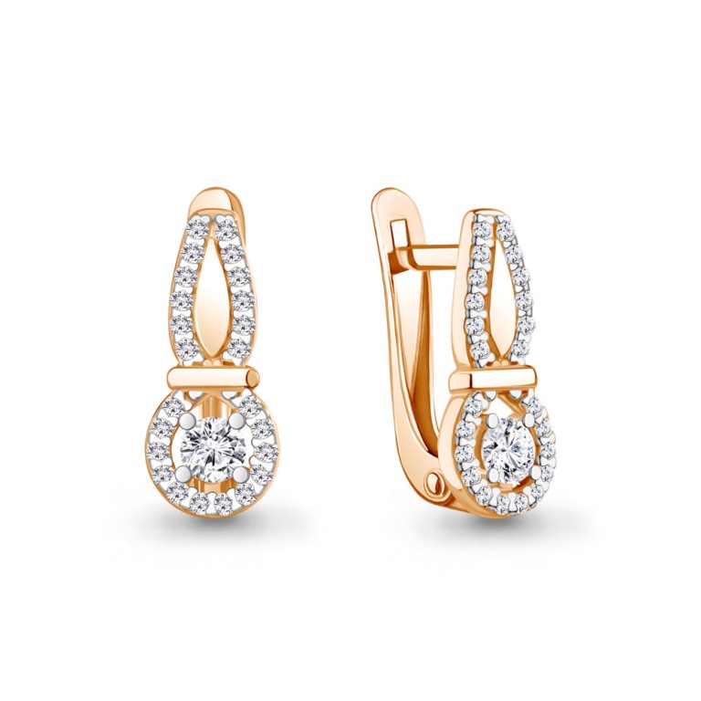 Серьги с английским замком женские из красного золота 585 пробы 400752А с фианитом