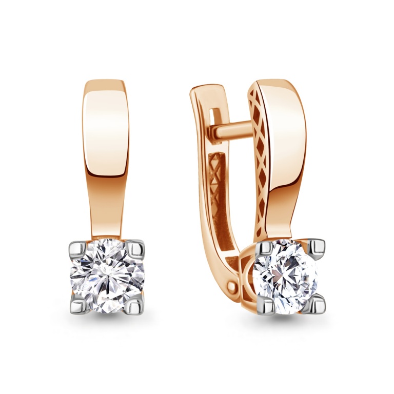 Серьги с английским замком женские из красного золота 585 пробы 400347 с фианитом
