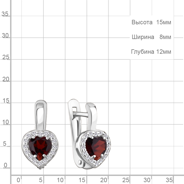 Серьги с английским замком женские из родированного серебра 925 пробы 45030003А с гранатами и фианитами