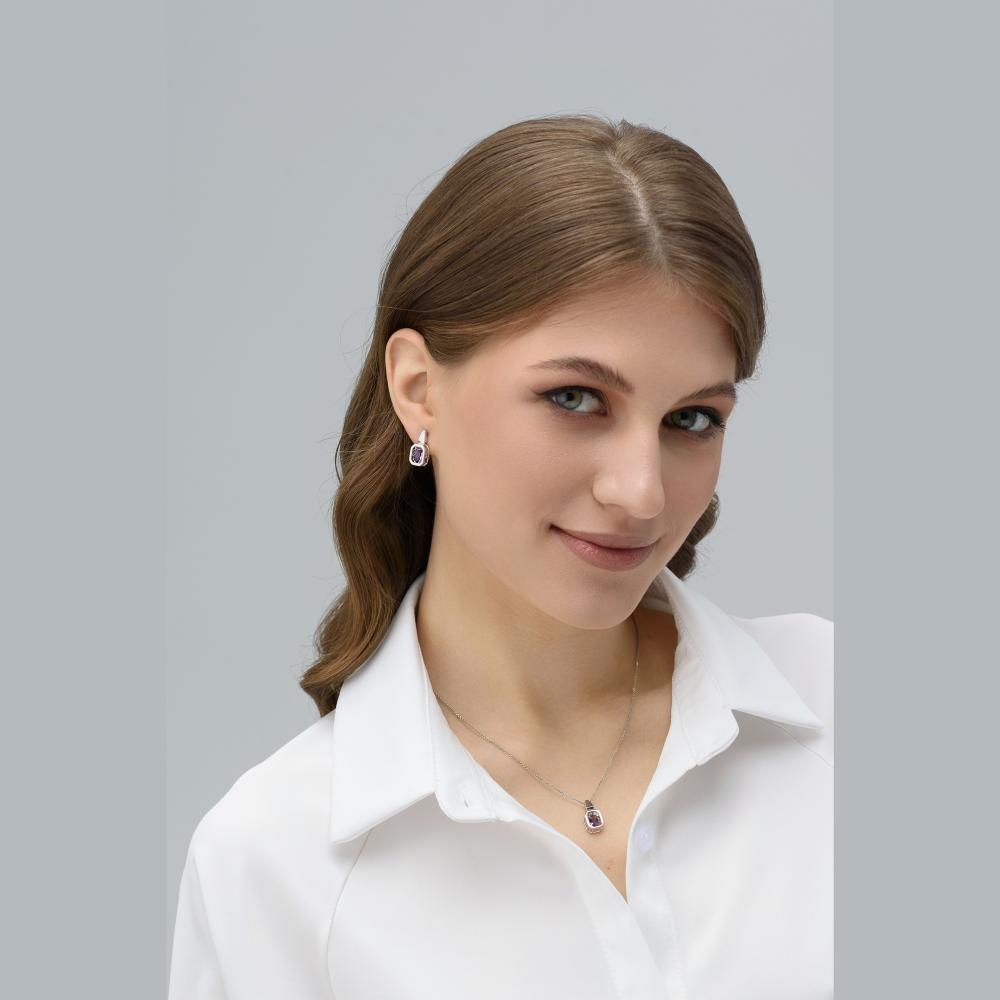 Серьги с английским замком женские из родированого серебра 925 пробы 02-4220/00АМ-00 с аметистами