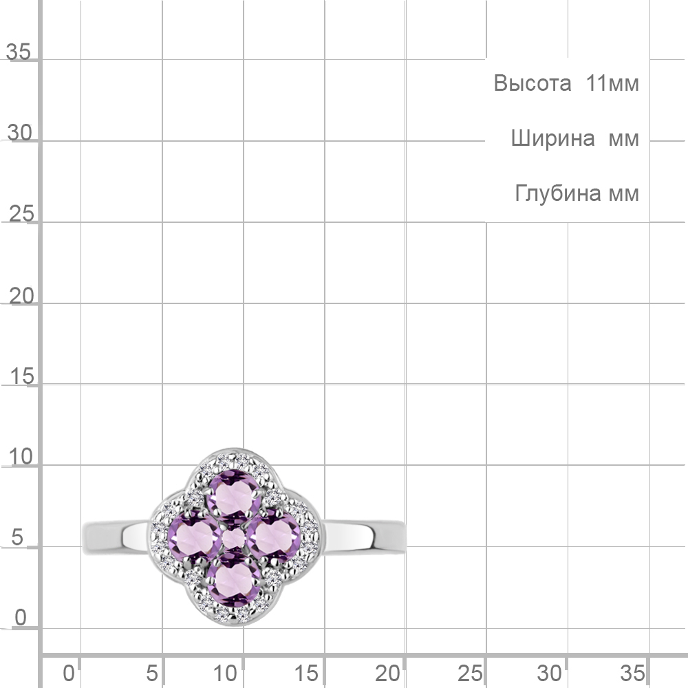 Кольцо из родированного серебра 925 пробы 65032804А с аметистами и фианитами