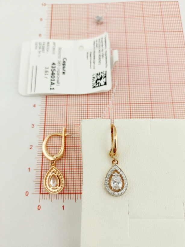 Серьги с английским замком женские из красного золота 585 пробы 435401А с фианитом