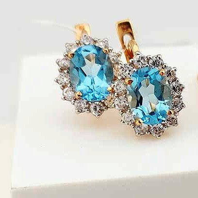 Серьги с английским замком женские из белого золота 585 пробы 200-522  Голубой